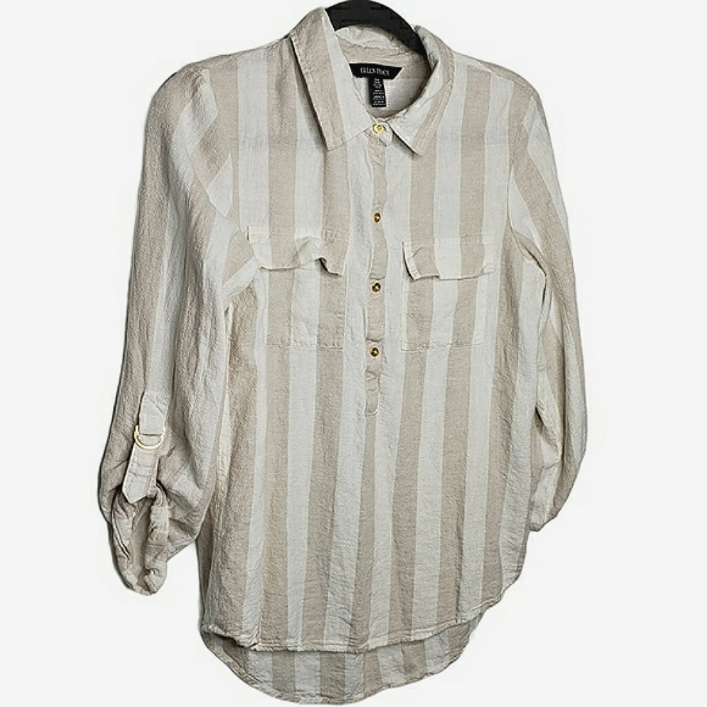 Beachy Linen Viscose hi/low Shirt Tail Roll Tab Sleeves Coastal Beachy Ellen Tr…